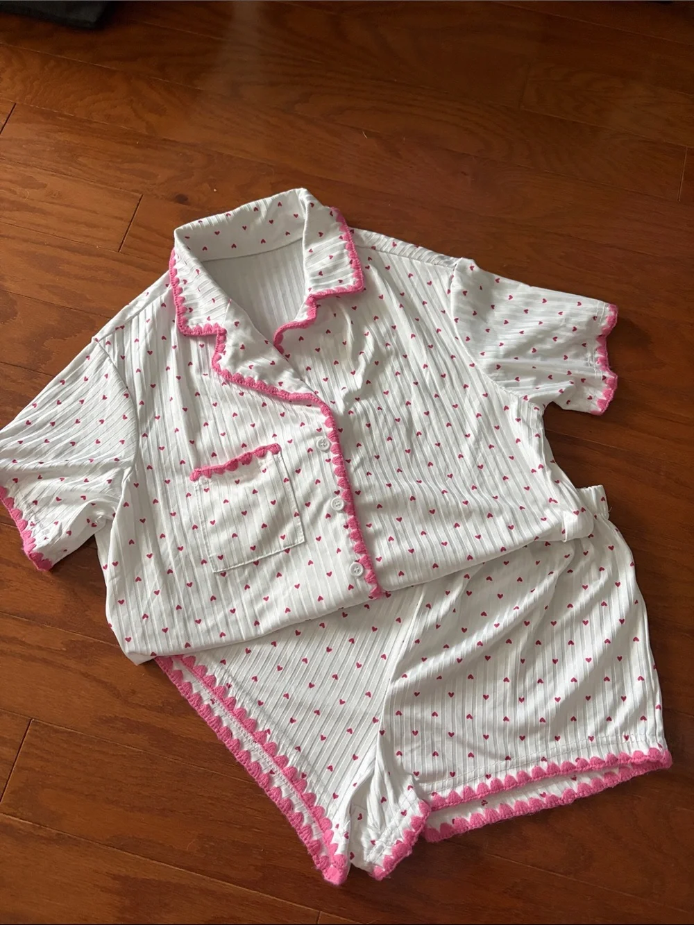 SHEIN White Short Sleeve Heart-Print Pajama Set with Pink Trim